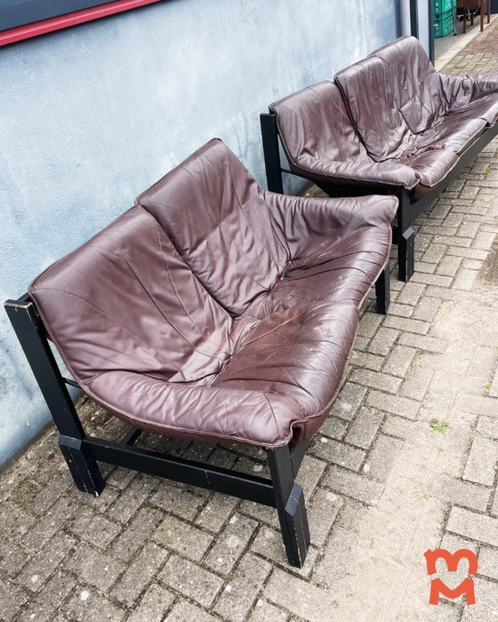 Image 1 of Vintage leren brutalist bank (2 stuks)