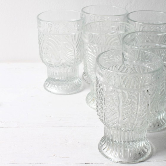 Image 1 of Set of 6 Mid-century Rare Pressed Glass Glasses / Libochovice / Czech Republic / 1981