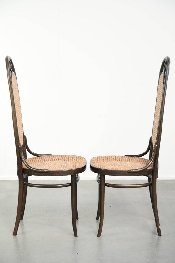 Image 1 of 6x Original vintage Thonet Long John chair with a high back, webbing seat and backrest, and gracefully curved wood