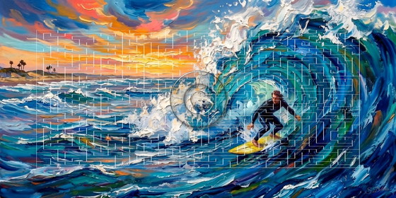 Image 1 of Panoramisch impressionistisch schilderij op acrylcanvas / Surfer (120x60 cm)