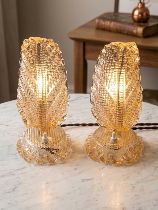 Seltenes Paar „Foglia“-Tischlampen von Barovier & Toso – Muranoglas – Rosa, 1960er Jahre