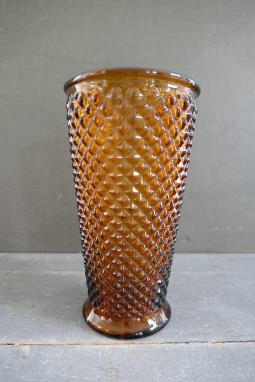 Vintage amber pressed glass hobnail vase