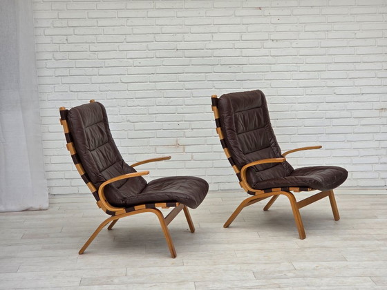 Image 1 of Anni '70, design danese di Farstrup, set di 2 poltrone, mobili in pelle, legno curvato.