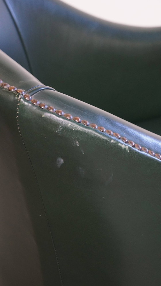 Image 1 of 2 x Beistell-/Ess-/Bürostuhl aus grünem Rindsleder und Holz im englischen Stil