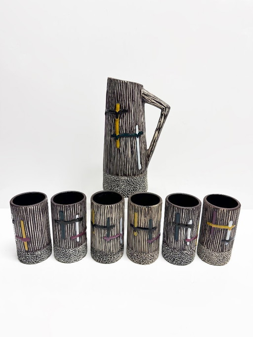 Handbeschilderde set met sinaasappelsap en water. Frankrijk, jaren 60. – glazen karaffen, Ceramic (photo 2 of 15)