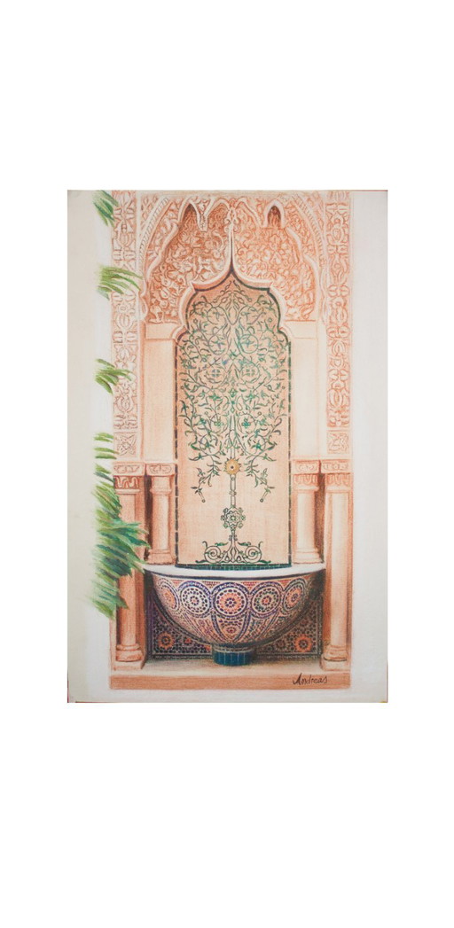 Arabic font painting on the wall. Original font painting. Hyperrealistic pastel drawing of an Arabic font. New.
