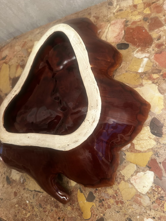 Image 1 of Vintage keramische fruitschaal of zaklepel Barbotine in blad toegeschreven aan Vallauris - 35/40 cm