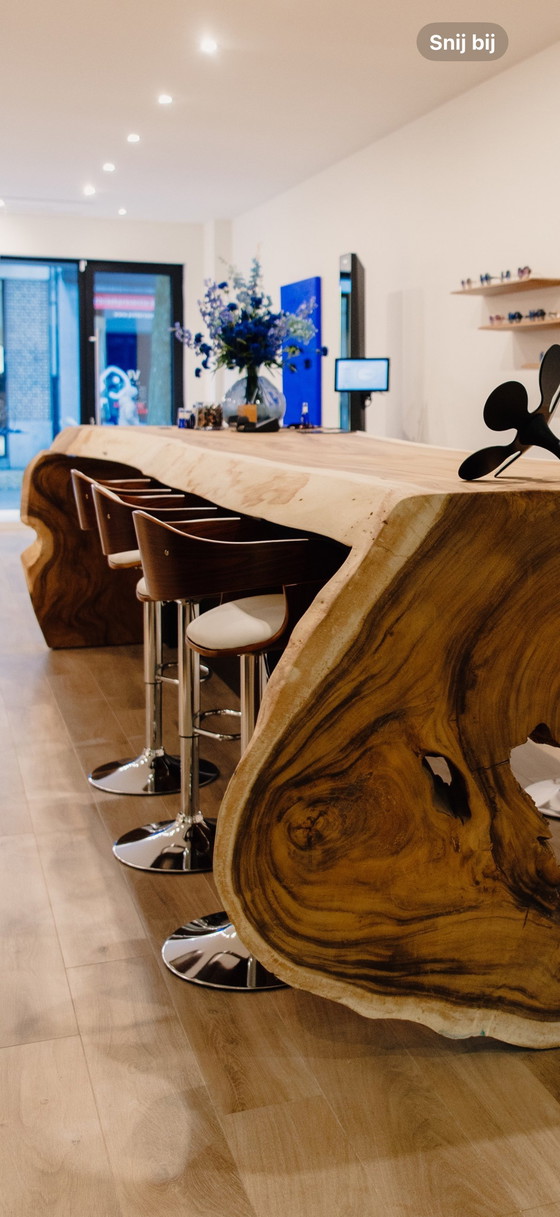 Image 1 of Set of 4 bar stools - With backrest - Armrest - Footrest - Faux leather - walnut/white