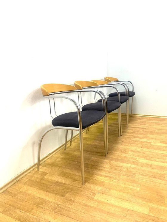 Image 1 of Set of 4 Chrome and Wood Chairs, Italy, 1980s