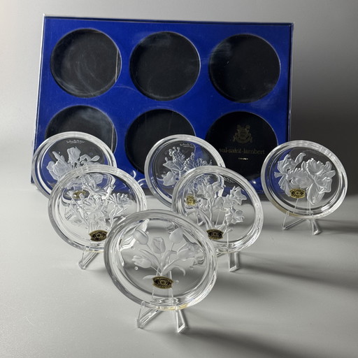 Coffret de 6 sous-verres en cristal Val Saint Lambert « Fleurs » – Motifs floraux – Style années 1950 – En boîte