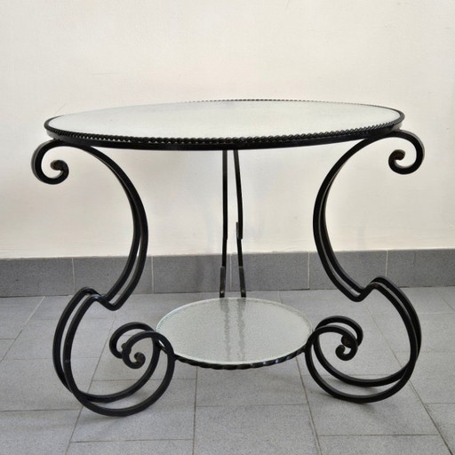 Vintage bijzettafel/salontafel uit de jaren 50, zwart metaal en mat glas.