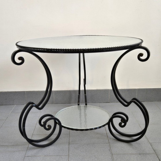 Image 1 of Vintage bijzettafel/salontafel uit de jaren 50, zwart metaal en mat glas.