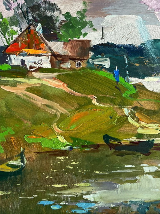 Image 1 of Origineel olieverfschilderij: Landelijk landschap, natuur, een rivier nabij het dorp.