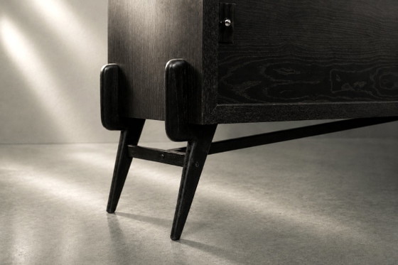Image 1 of Vintage Mid-Century Modern Scandinavian Dark Oak Sideboard with Wooden & Metal Handles, 1960s