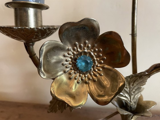 Image 1 of Frivole Schemerlamp Tafellamp Met Bloemen En Kralen Messing Frans