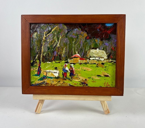 Original Oil Painting Evening Village Landscape Neighbors in the summer garden