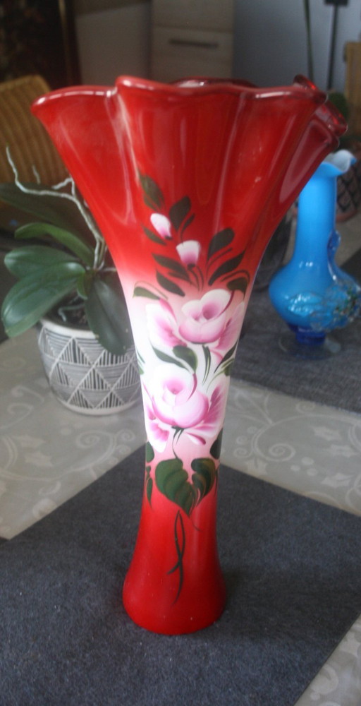 🌹 Vase en verre vintage - peint à la main - rouge-rose avec motif floral - rareté 45 cm🌹