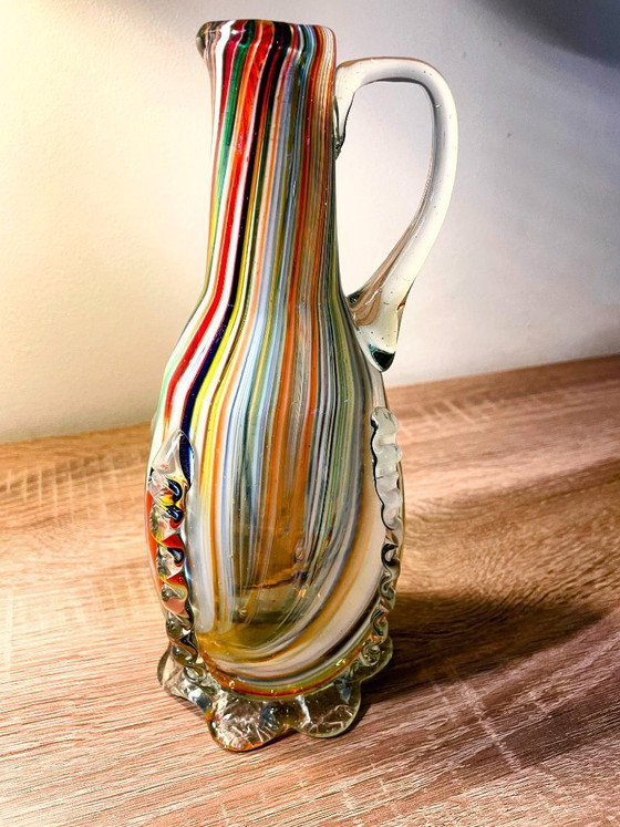 Image 1 of Karafset van Murano-glas met 6 kopjes – Kleurrijke kunstglazen kan – Vintage Italiaanse stijl