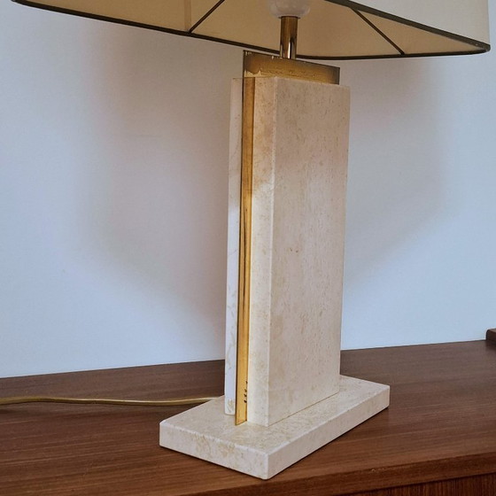 Image 1 of Lampe de table vintage en travertin et chrome doré - Pierre naturelle