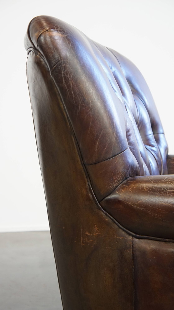 Image 1 of Cognackleurige Bruin Rundleren Chesterfield Fauteuil