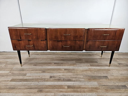 Vintage six-drawer mahogany burl dresser with glass top, 1960