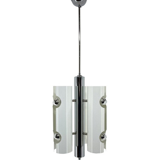 Lampe suspendue vintage en métal chromé et laqué blanc, Italie 1970