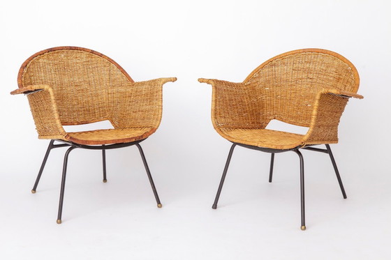 Image 1 of Vintage rieten fauteuils van Gianfranco Legler uit de jaren 1950 | Set van 3 Zwitserse rotan loungestoelen | Mid-century modern