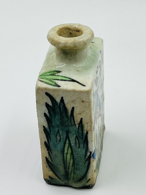 Antique Rectangular Ceramic Bottle, Persian Qajar Style, Fish Design, 19th Century