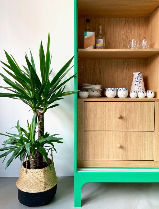 Vitrina de diseño / aparador para vajilla con aspecto de roble verde: llamativa y en muy buen estado.