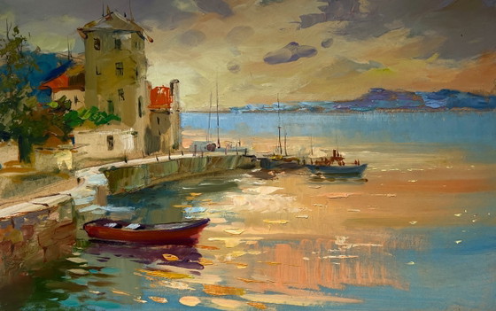 Image 1 of Dipinto ad olio originale, Paesaggio costiero serale, Tramonto arancione sul mare