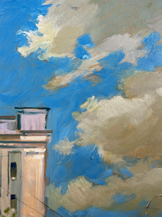 Image 1 of Pintura al óleo original Paisaje urbano de verano Ritmo veraniego de la ciudad