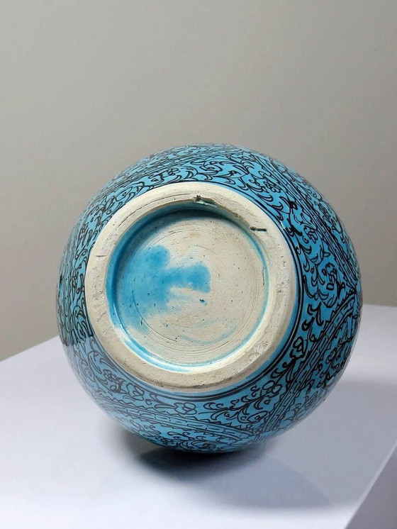 Covered vase or Persian jar, glazed Iznik pottery, vintage turquoise painted., Porcelain, Black (photo 14 of 16)