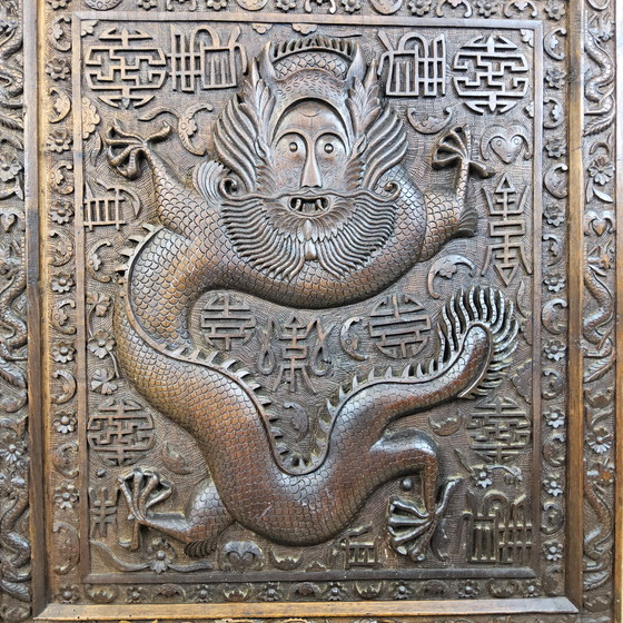 Image 1 of Antique 19th Century Chinese Writing Desk Mythological Dragon Wood Carving / Bohemian / Asian / Oriental (Huanghuali Wood)
