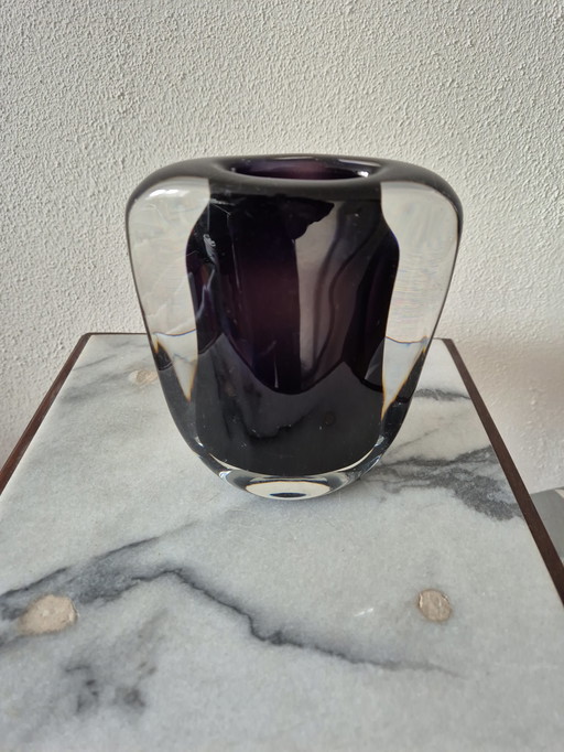 Heavy glass Serica vase with blue-purple spiral and clear glass overlay
