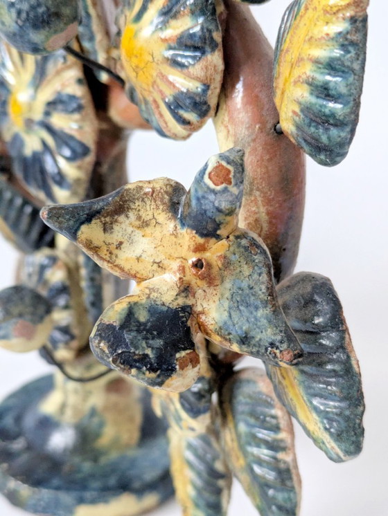 Image 1 of Vintage Mexican Tree of Life Ceramic Candleholder, 1970s Folk Art Candelabra with Birds & Flowers