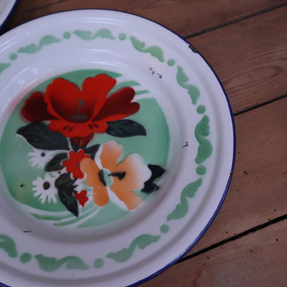 7 bedruckte florale Emaille-Teller "bon voyage" Made in China – Geschirr, Vintage (photo 8 of 12)