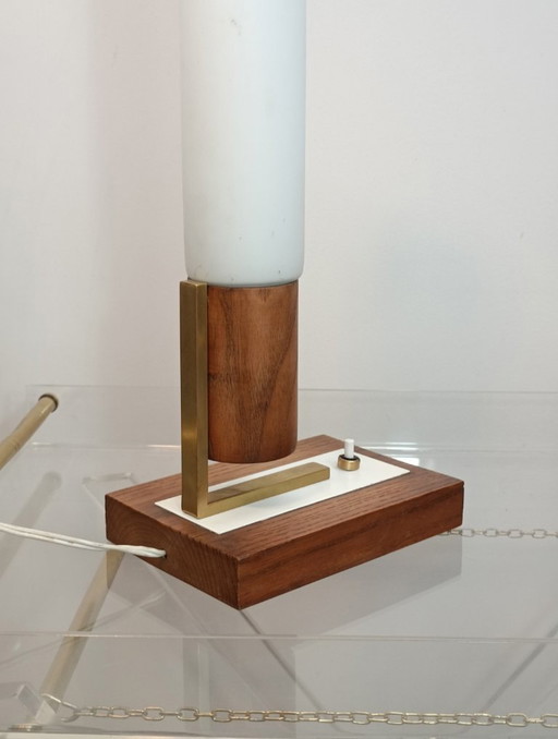 Vintage lamp wood brass opaline glass