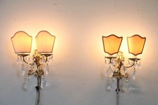 Appliques murales en bronze doré et cristal, ensemble de 2, années 1980