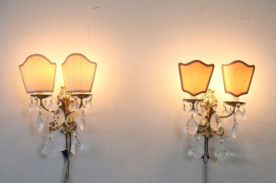 Image 1 of Wall Lights in Gilded Bronze and Crystal, Set of 2, 1980s