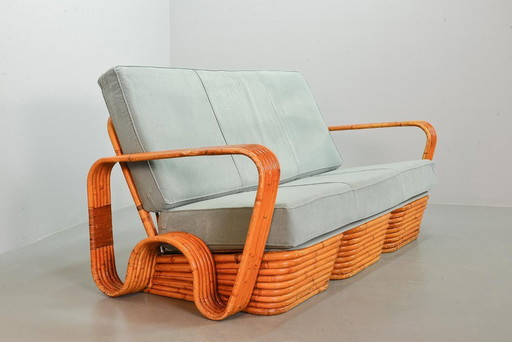 Fabulous Mid-Century Design Six Strand Rectangular Rattan 3-Seat Sofa with Frost Blue Fabric Cushions Attributed to Paul Frankl