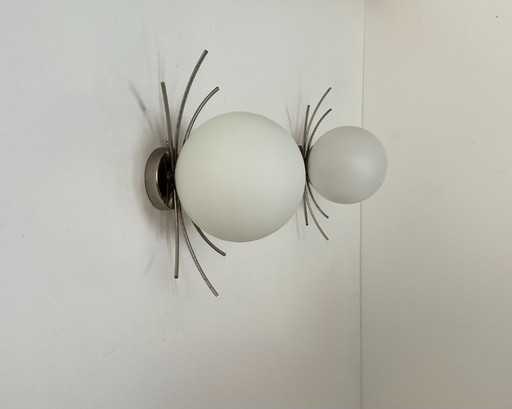 Pair of vintage wall lights, chrome and opaline, France, 1970