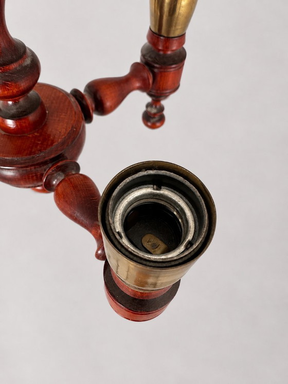 Vintage Czechoslovak Chandelier, 1970s Mid Century Wood & Smoked Floral Glass Ceiling Light, 5 Light Retro (photo 4 of 7)