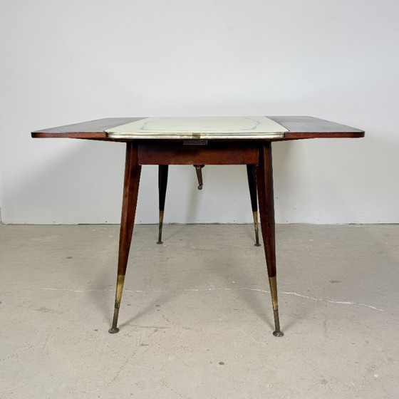 Mid-Century Adjustable Crank Table / Dining table & Coffee Table – 1950s – Wood, Brass (photo 12 of 13)