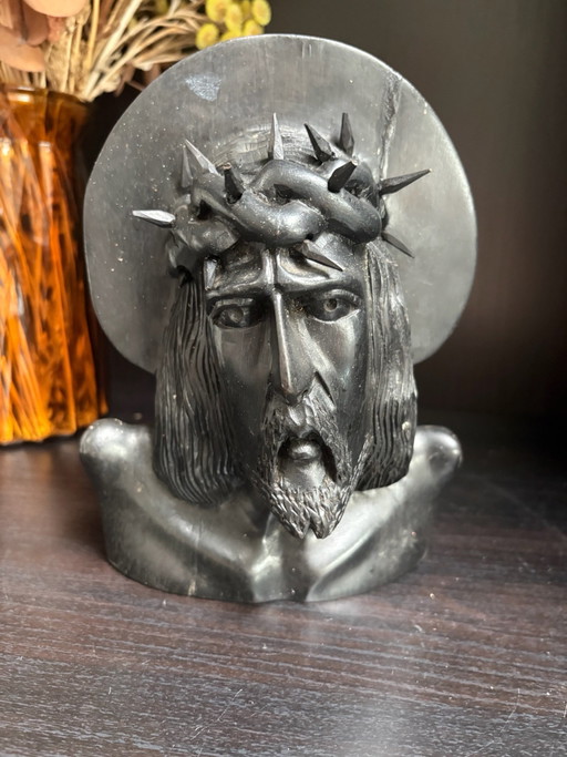 vintage carved wooden bust of Jesus Christ wearing a crown of thorns, colonial ebony wood religious sculptures.