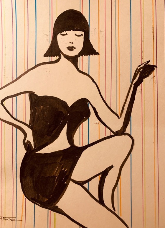 Image 1 of Inkttekening getekend voor een modeprint uit de jaren 70