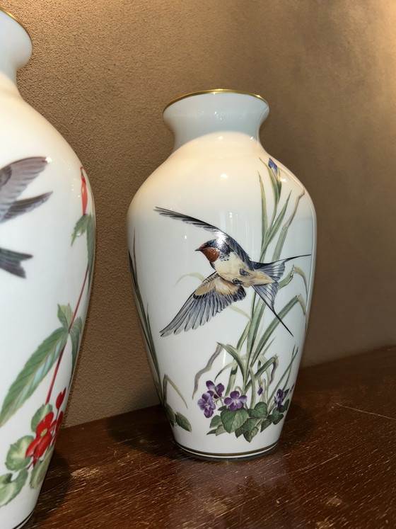 Image 1 of Franklin Porcelain The Garden Bird Vase & The Meadowland Bird Vase 