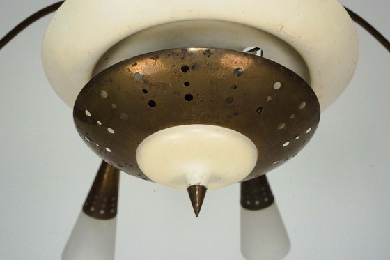 Image 1 of Large Italian Mid-Century Sputnik Brass Chandelier with Satin Glass, 1950s