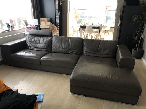 Canapé cuir véritable taupe méridienne double et 2 larges assises