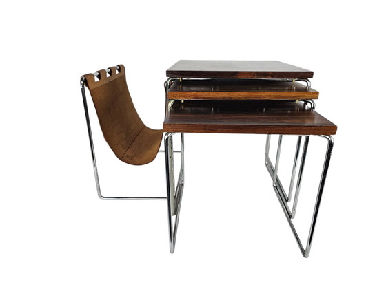 Image 1 of Dutch Design - Brabantia Holland - Mime Set - Reading Rack - Vintage Side Table With Cognac Saddle Leather Reading Rack - 60's