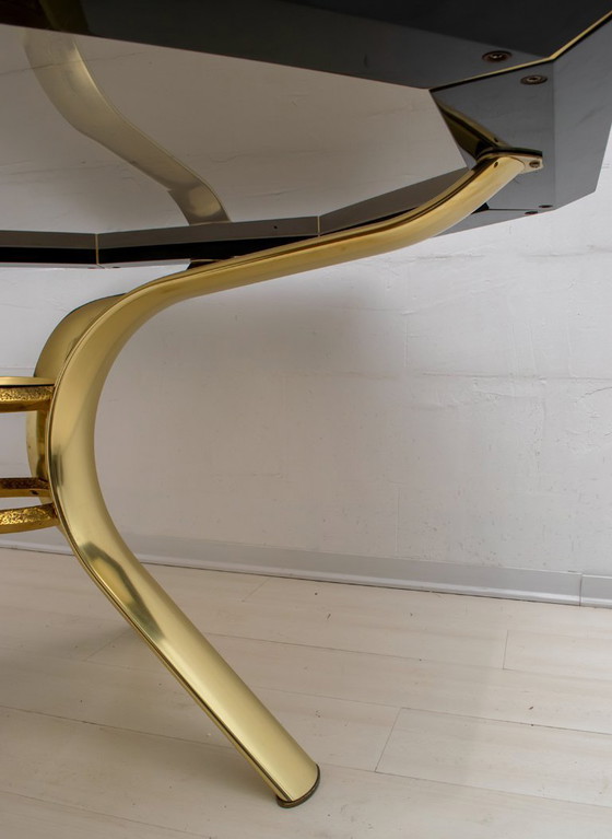 Image 1 of Pierre Cardin Octagonal Dining Table Black Lacquer with Brass Inserts and Base